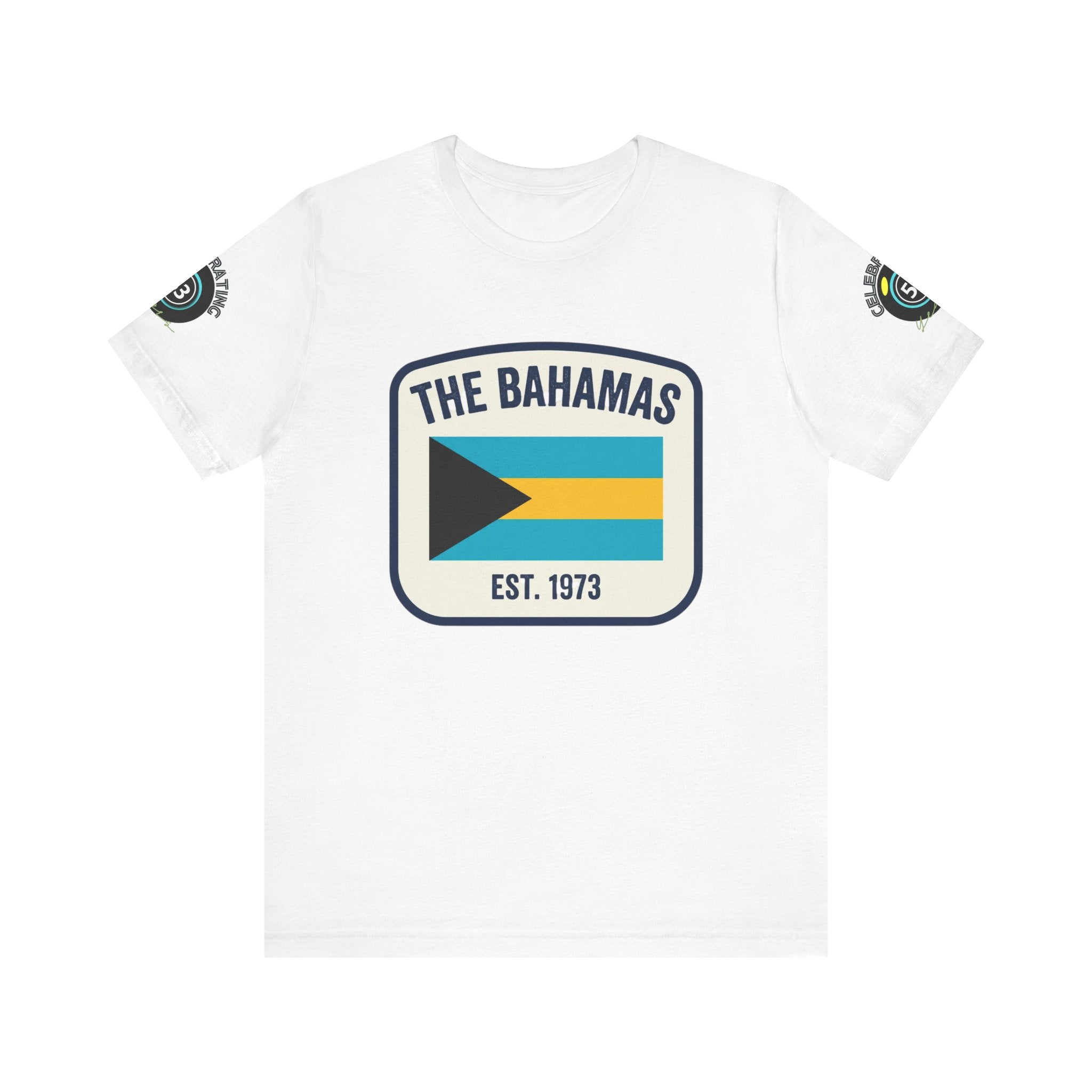 White t-shirt with 'The Bahamas' graphic design on a white background