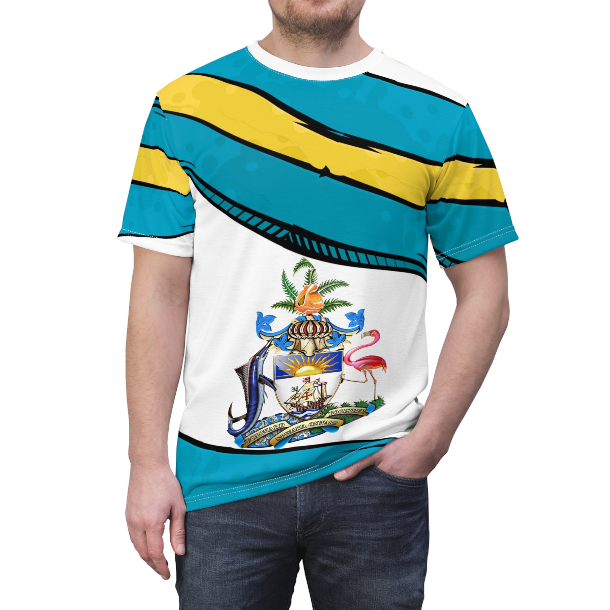 Person wearing a colorful t-shirt with a design on a white background