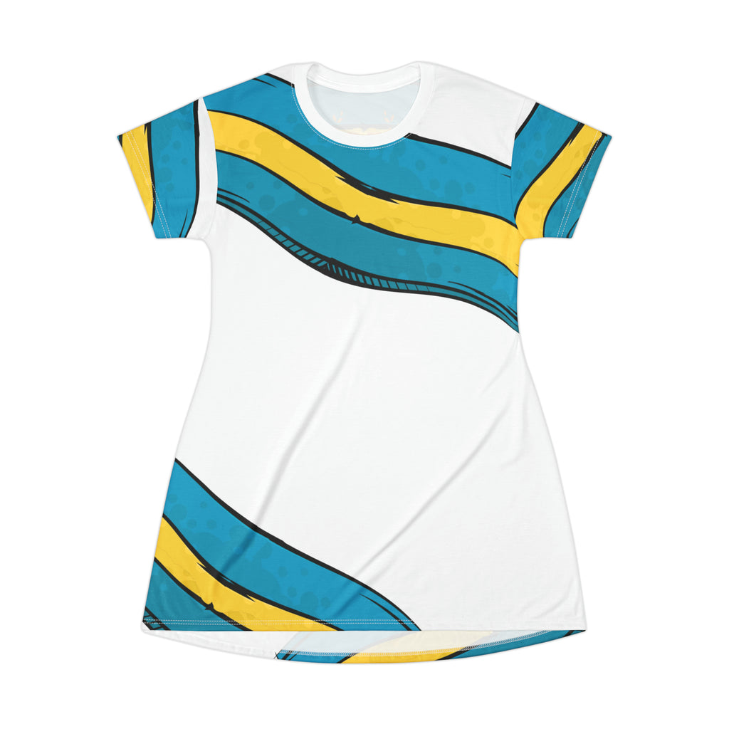 Bahamas T-Shirt Dress White side view — 6oz polyester, assembled in the USA