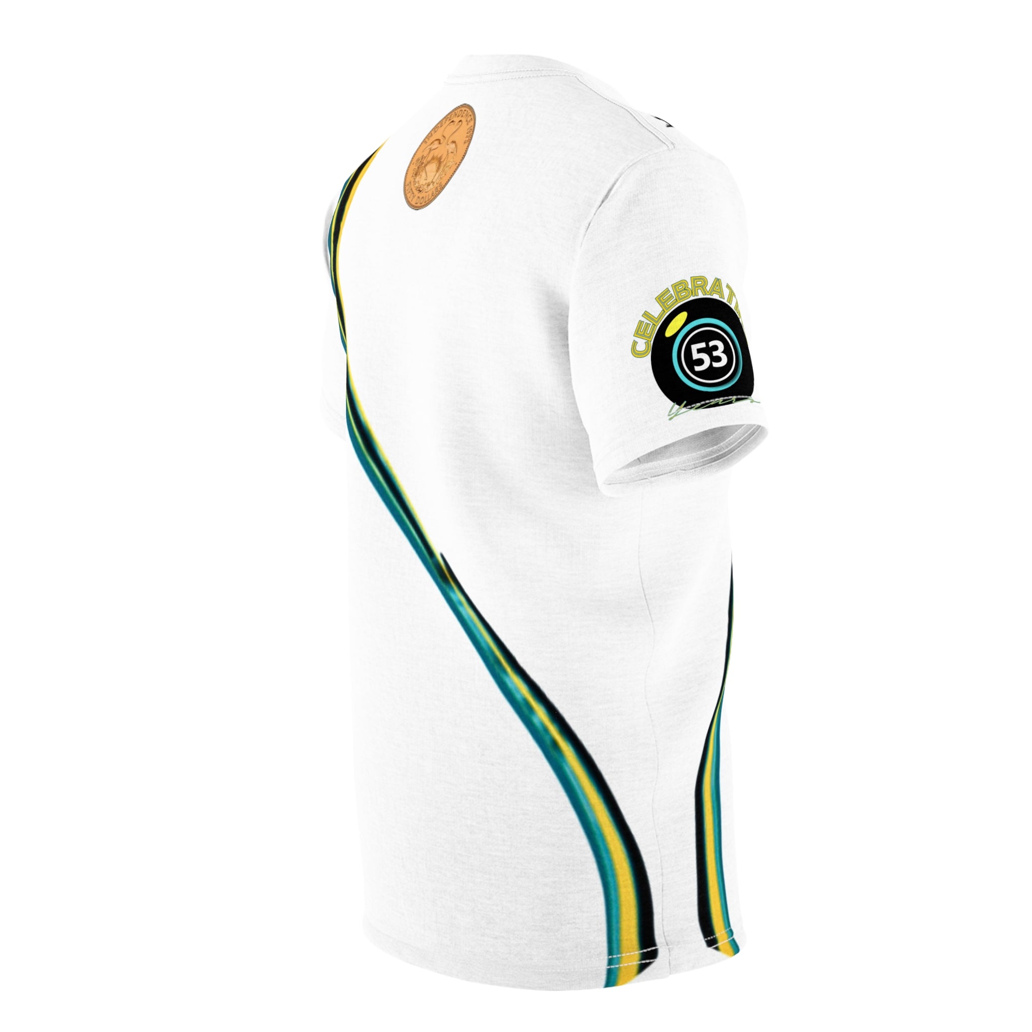 White golf shirt with green and yellow accents on a white background