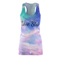 Women's AOP racerback dress front view — all over print sublimation design, XS–2XL
