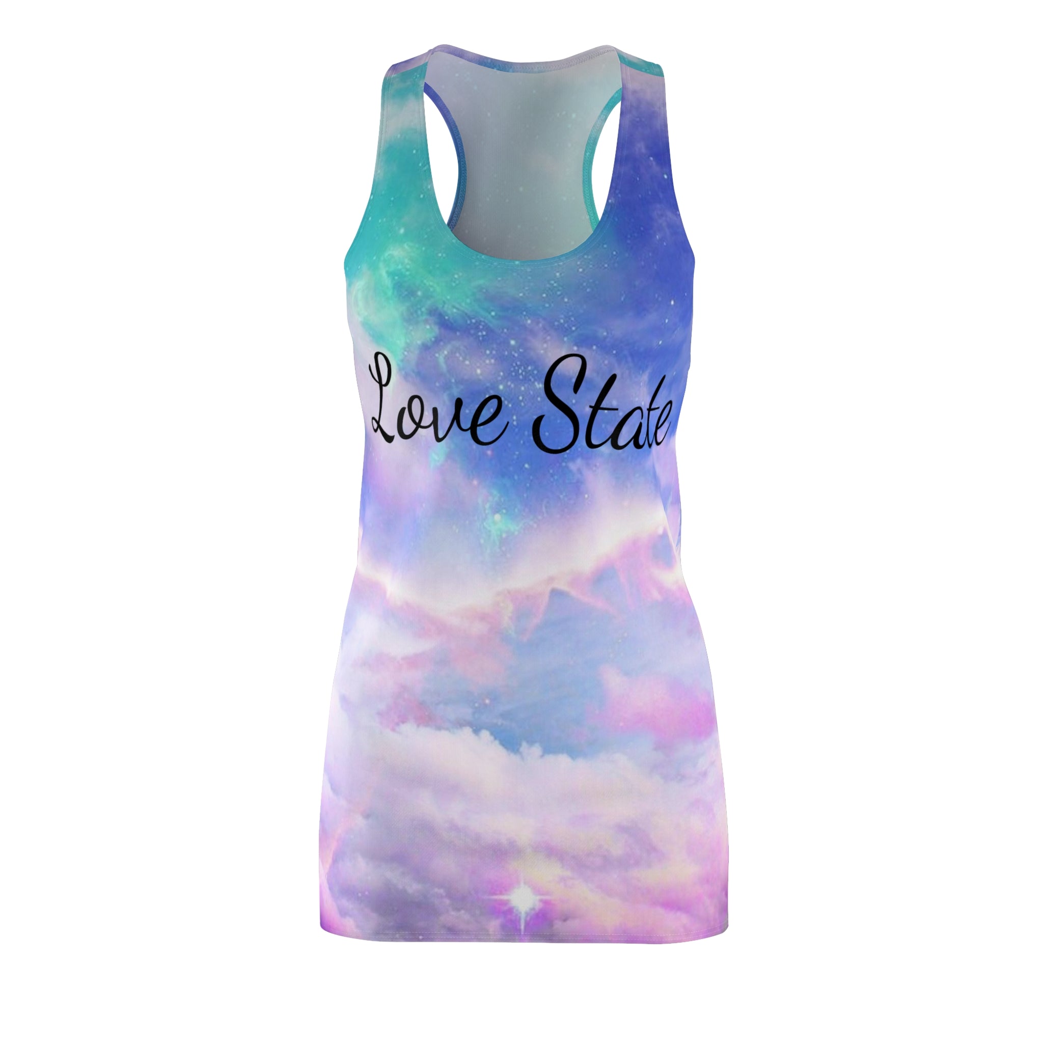 Women's AOP racerback dress front view — all over print sublimation design, XS–2XL
