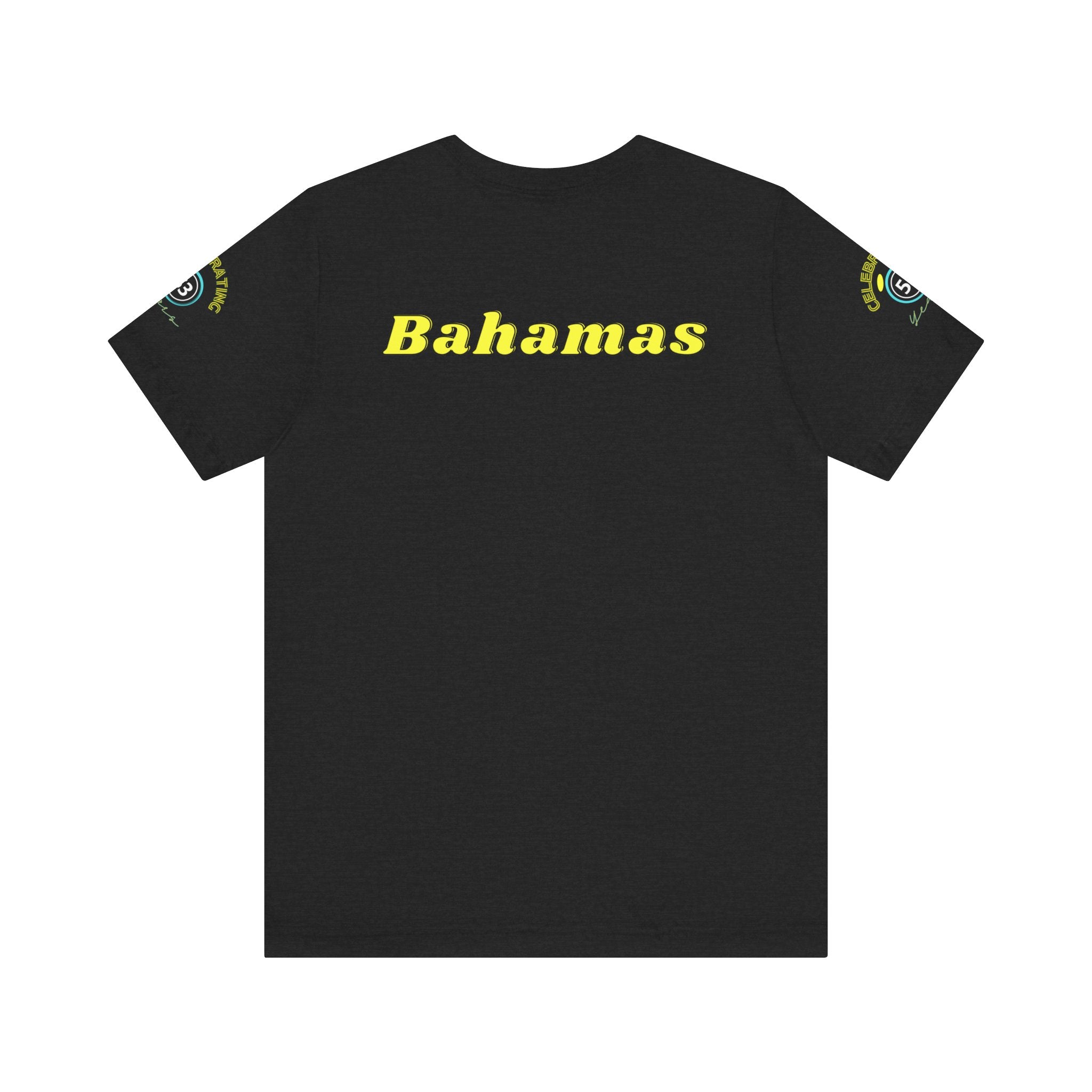 Black t-shirt with 'Bahamas' printed on the back against a white background