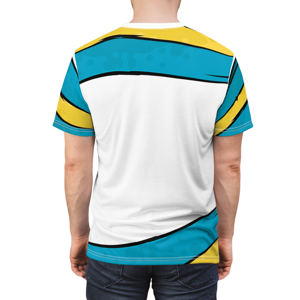 Person wearing a colorful sports jersey with blue, yellow, and white design on a white background