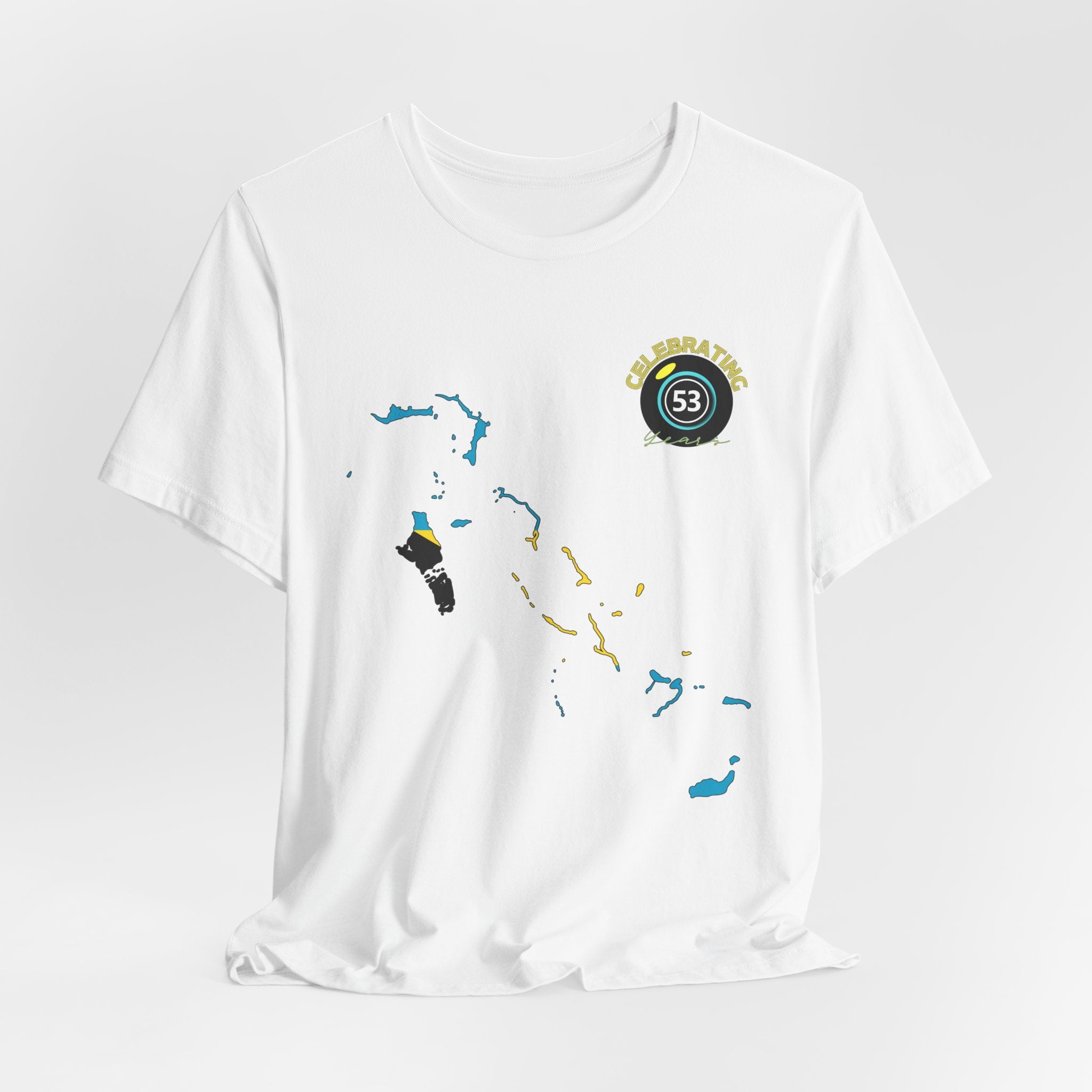 White t-shirt with colorful graphic design on a light gray background