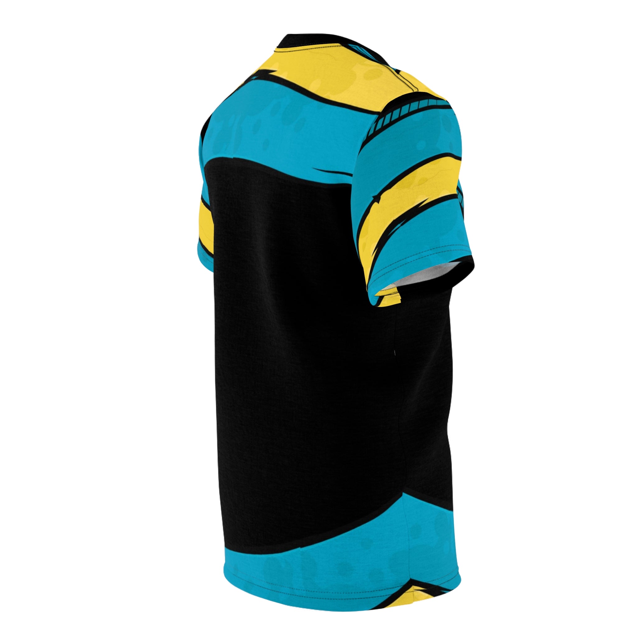 Black and blue sports jersey with yellow accents on a white background