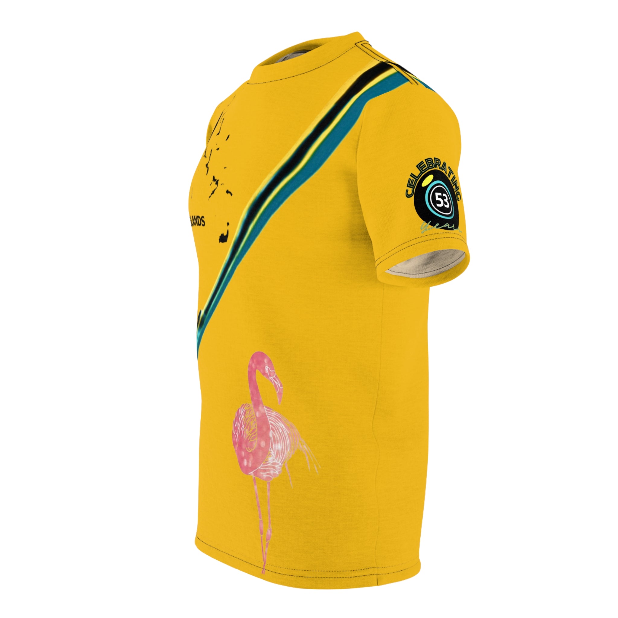 Yellow t-shirt with pink flamingo design and branding on a white background