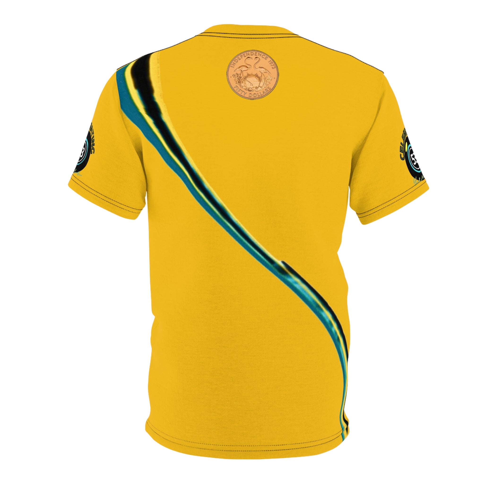 Yellow sports jersey with green accents on a white background
