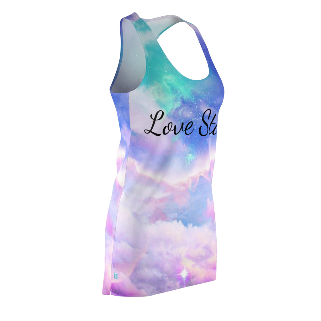 AOP racerback dress side view — tagless, true-to-size, assembled in the USA