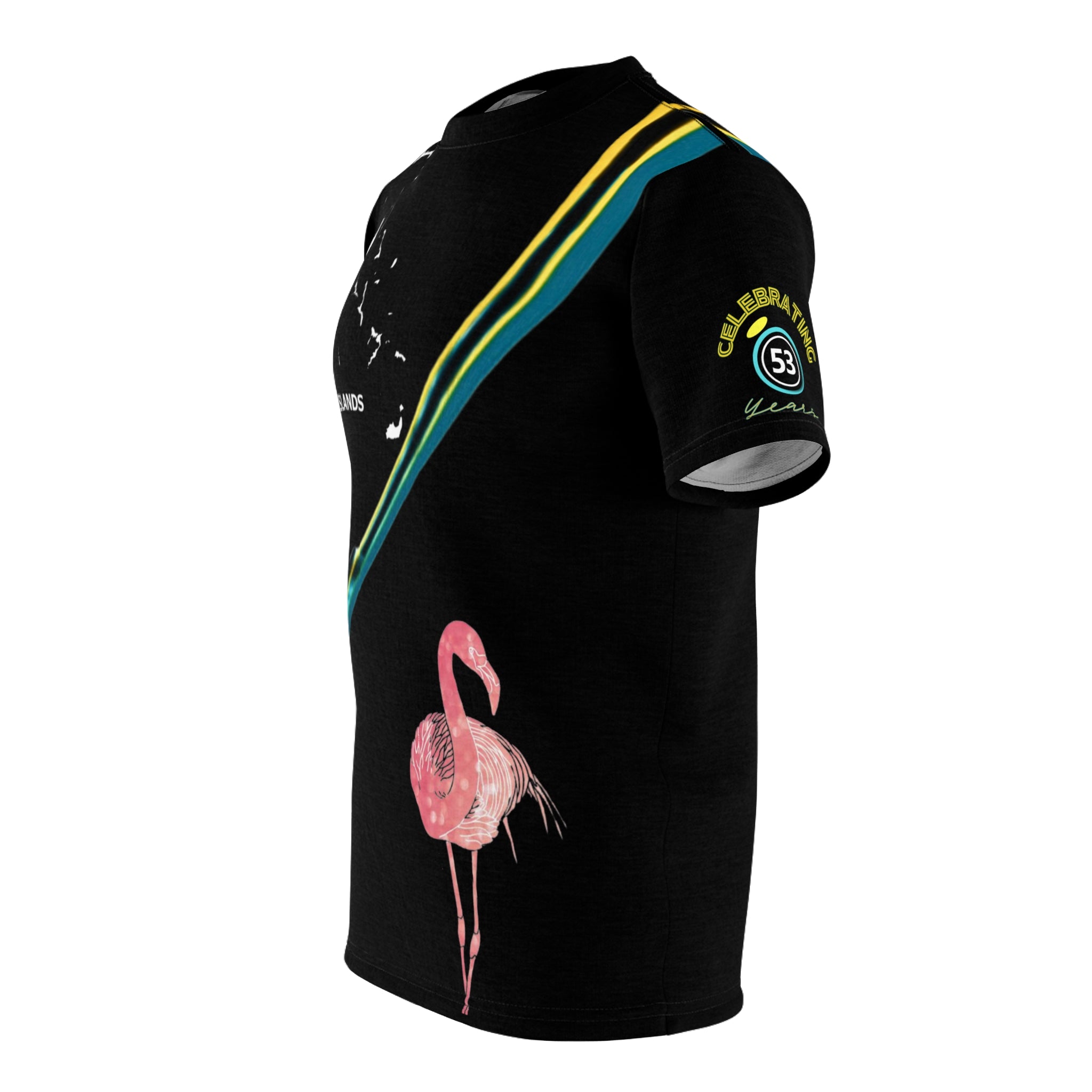 Black sleeveless shirt with pink flamingo design and colorful accents on a white background