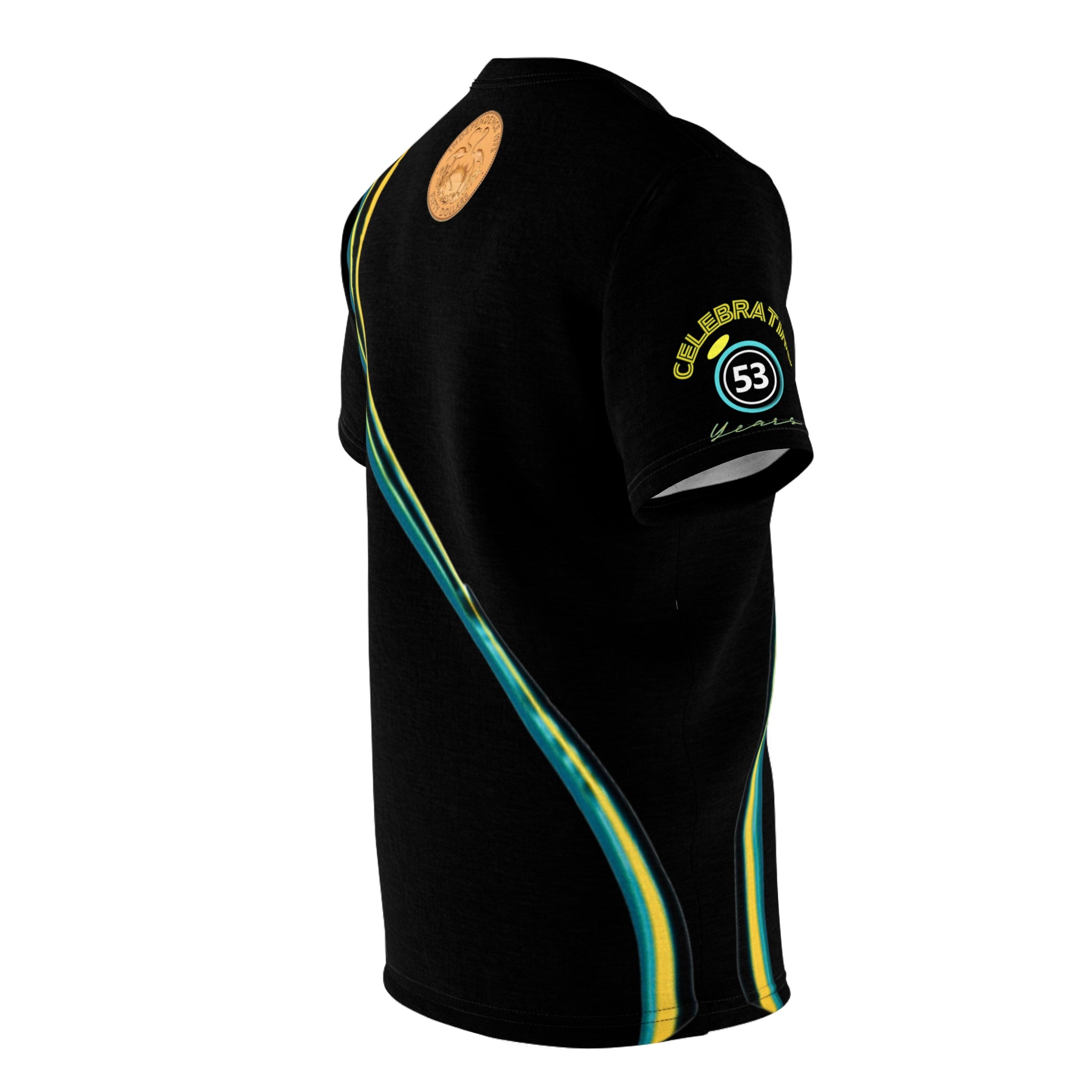 Black athletic shirt with colorful accents on a white background