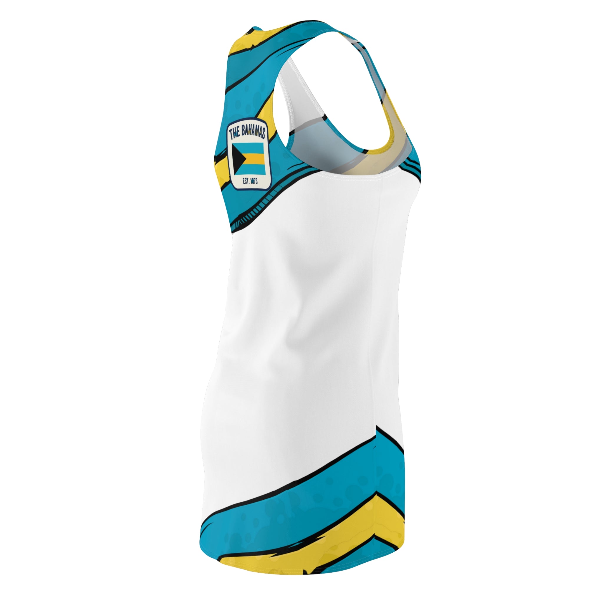 White tank top with blue and yellow accents on a white background