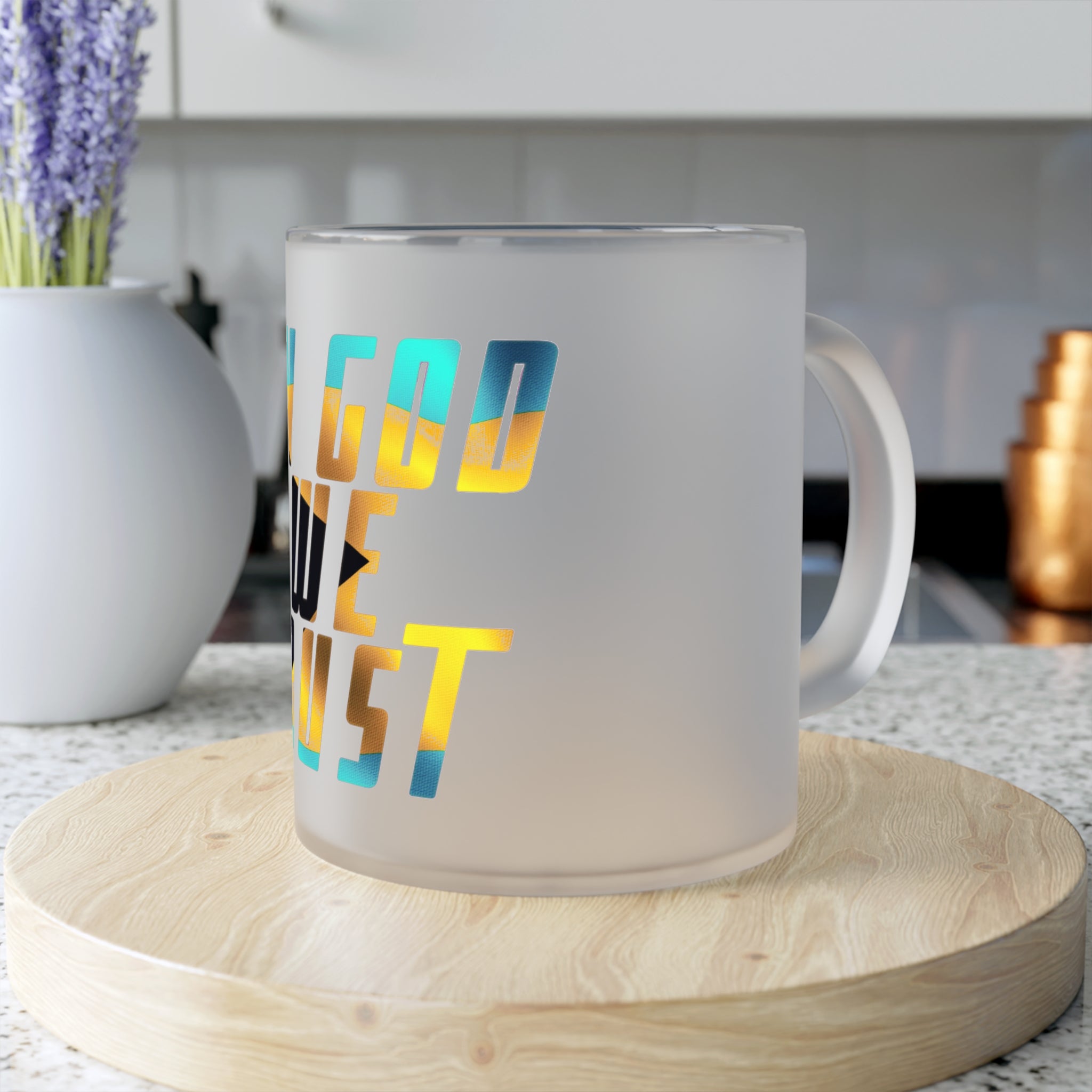 In God We Trust Frosted Glass Mug detail — Bahamian faith design, do not microwave