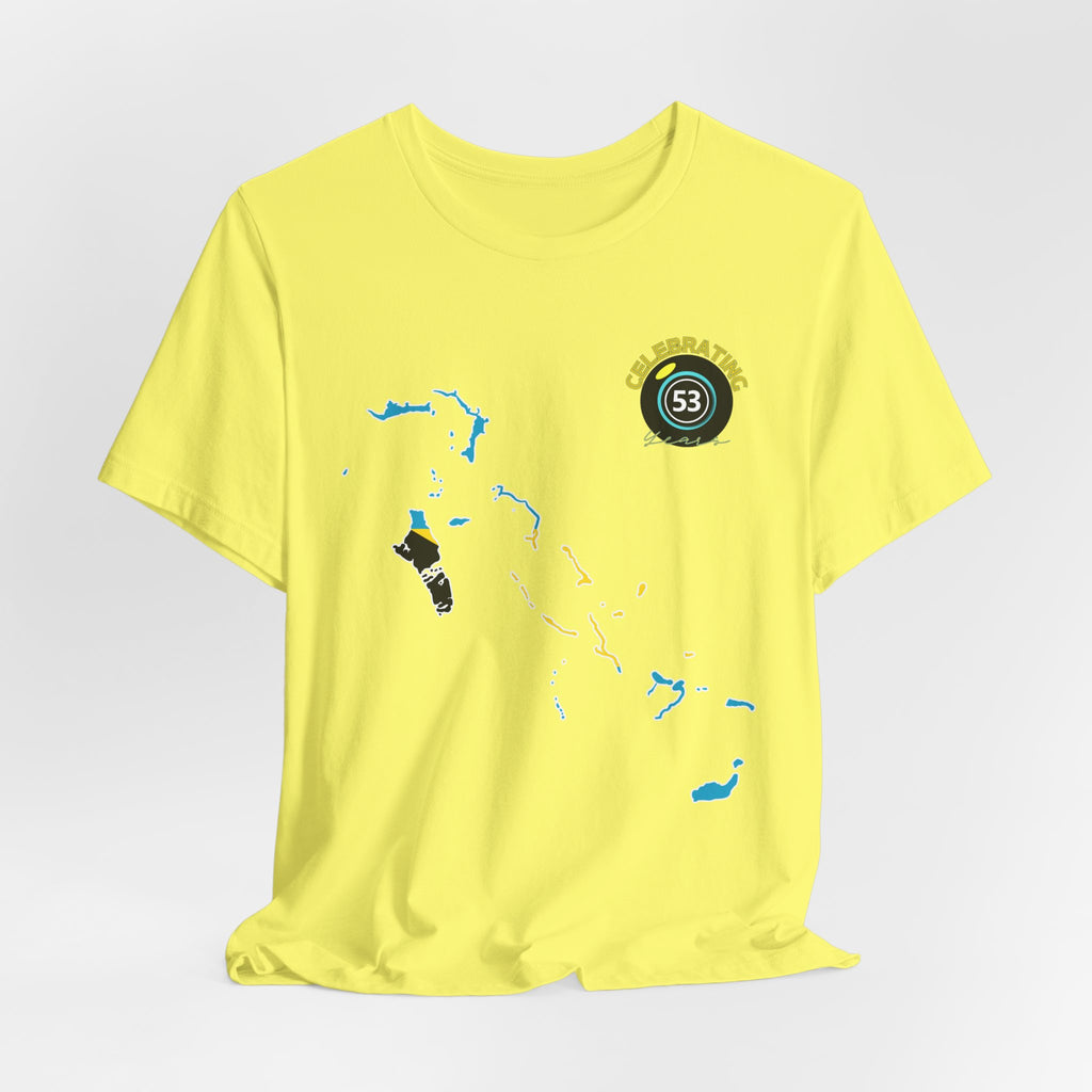 Yellow t-shirt with graphic design on a light gray background