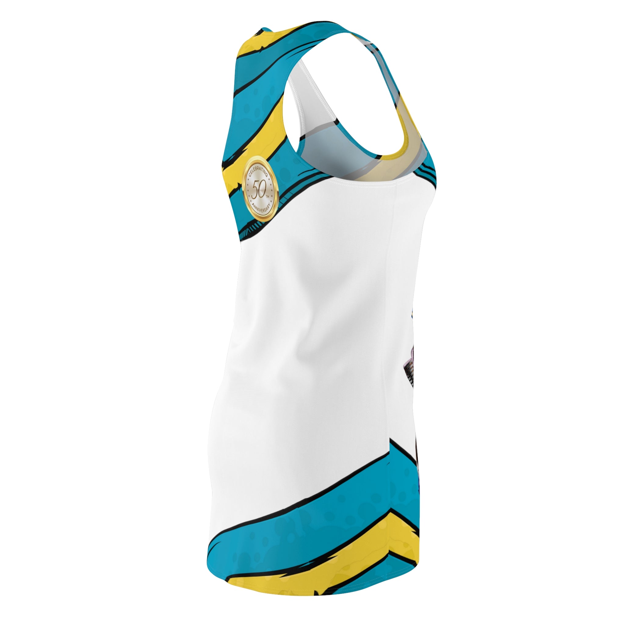 Coat of Arms Blend Dress white detail — Bahamas Coat of Arms sublimation print, assembled in the USA