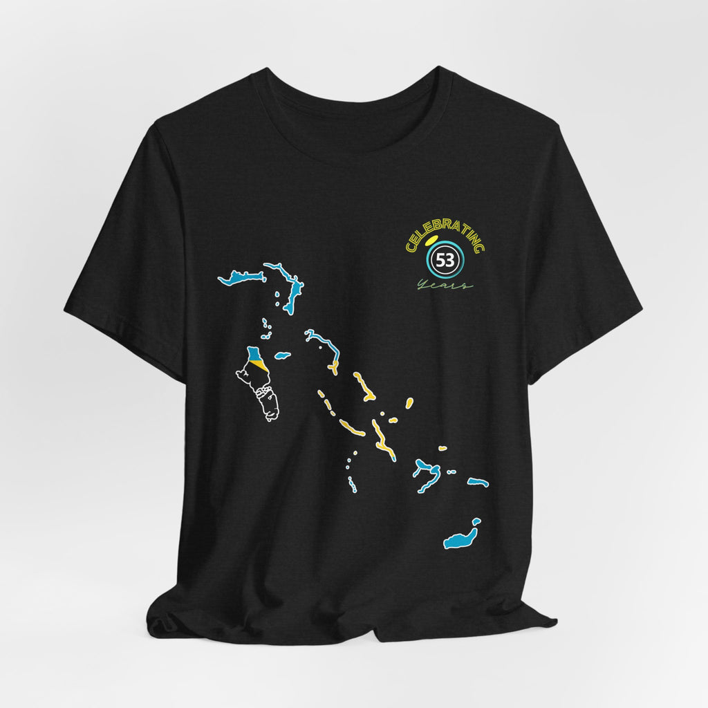 Black t-shirt with white graphic design on a light gray background