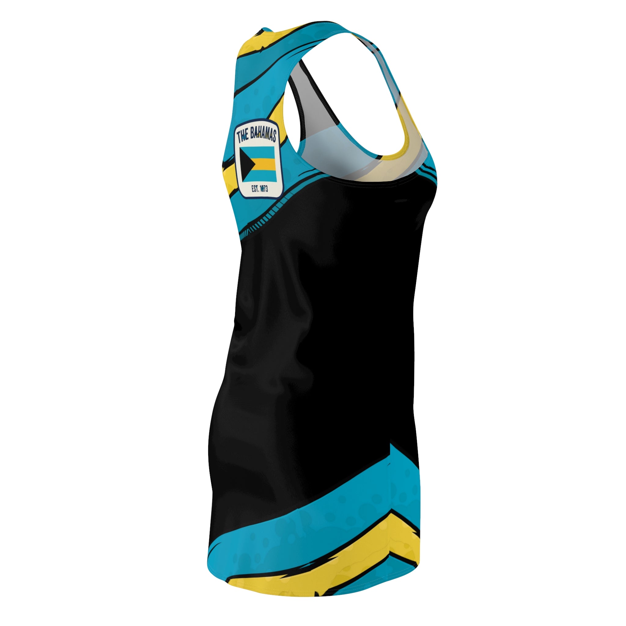 Black tank top with blue and yellow accents on a white background