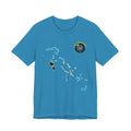 Blue t-shirt with a map design and a logo on a white background