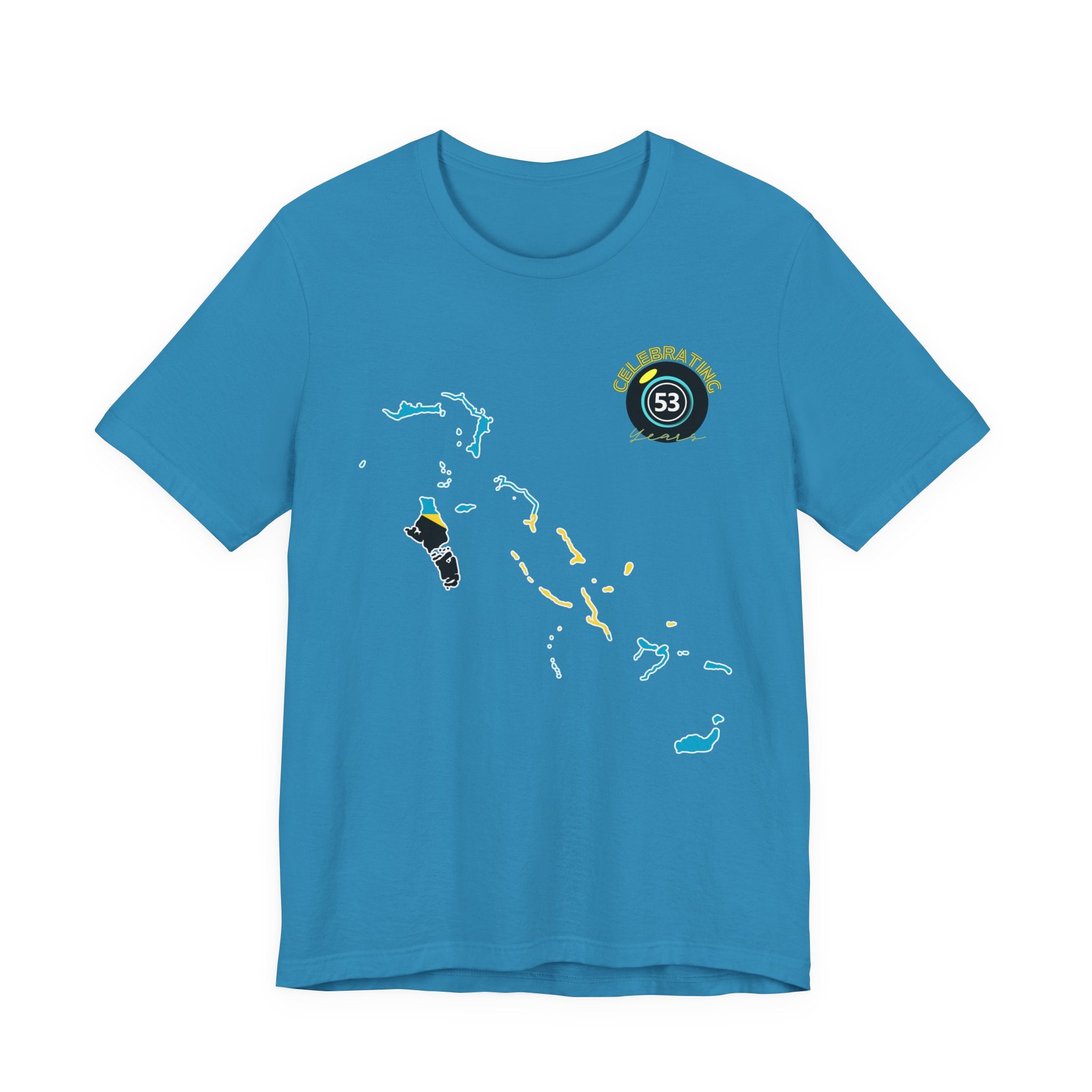 Blue t-shirt with a map design and a logo on a white background