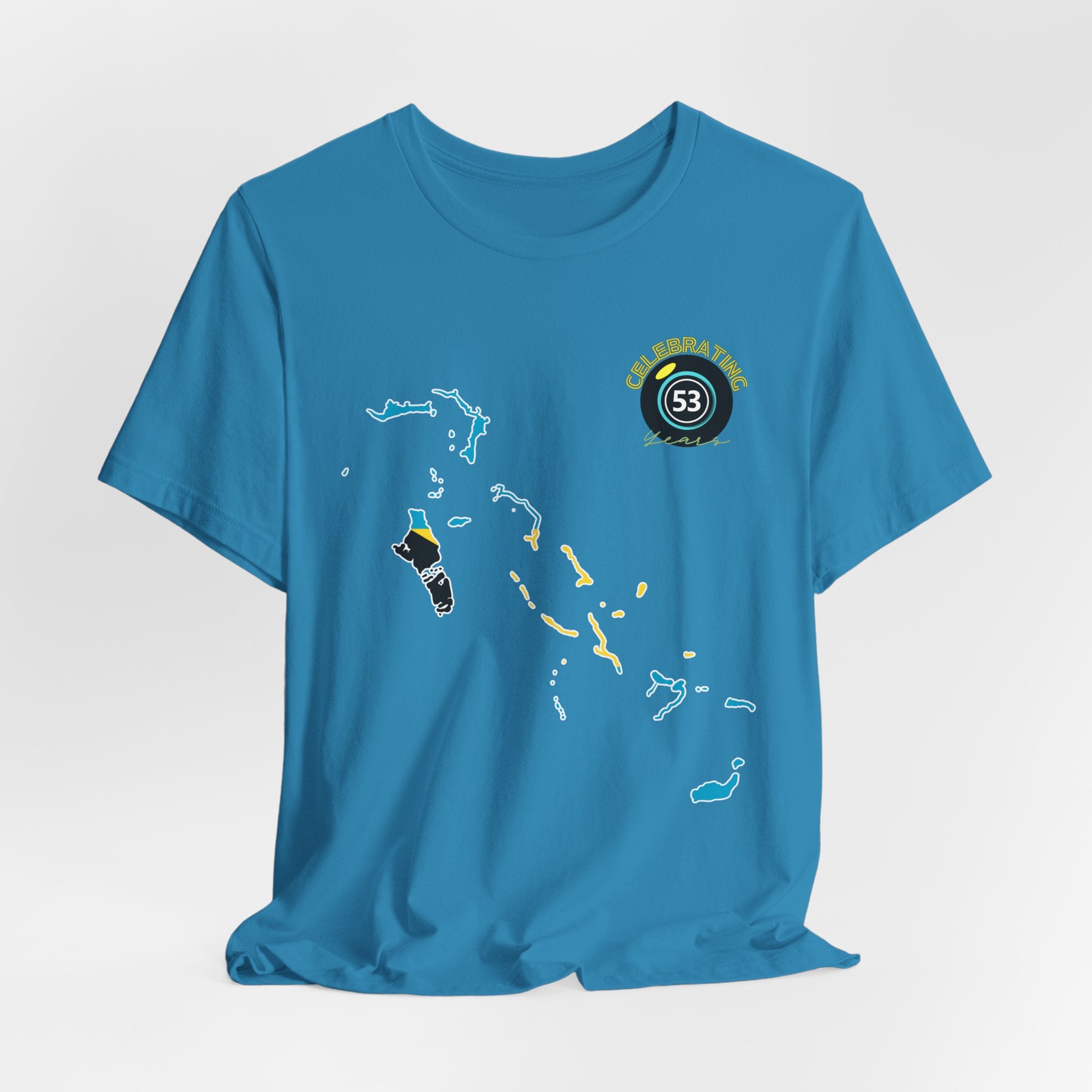 Blue t-shirt with a map design and logo on a light gray background