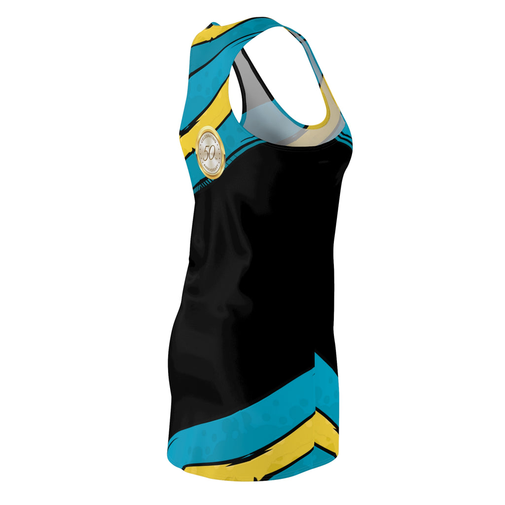 BH Color Dress Black detail — Bahamas colors sublimation print, assembled in the USA
