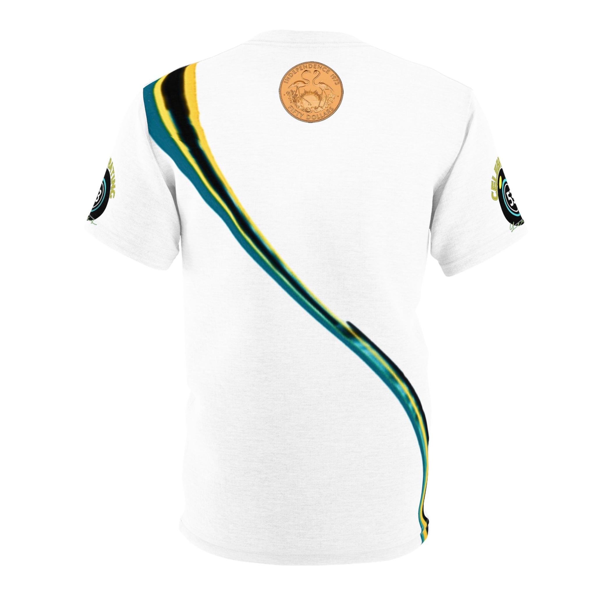 White polo shirt with green and yellow accents on a white background