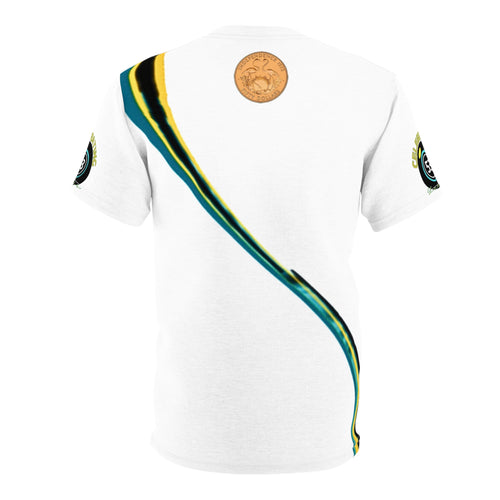 White polo shirt with green and yellow accents on a white background