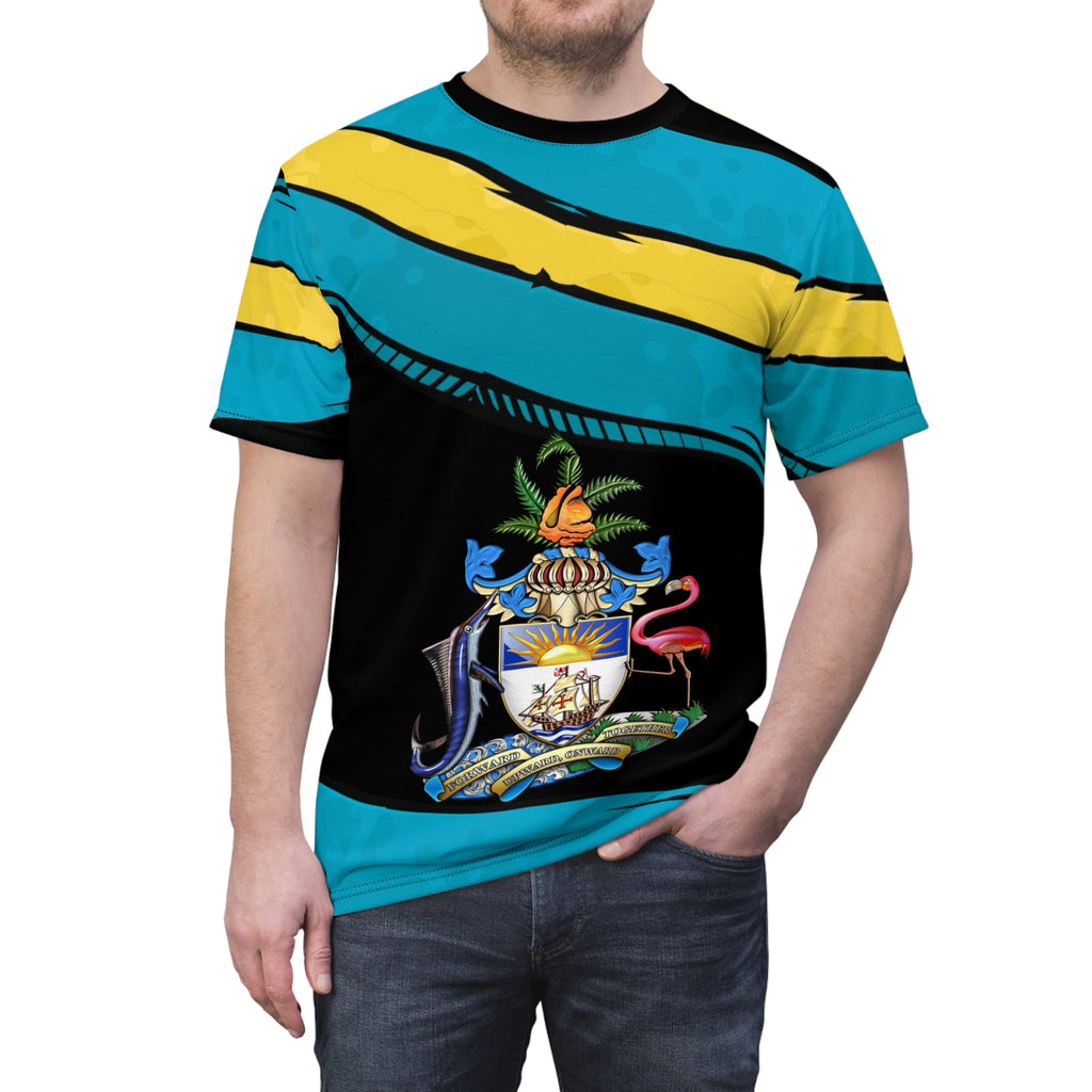 Person wearing a colorful t-shirt with a design on a white background