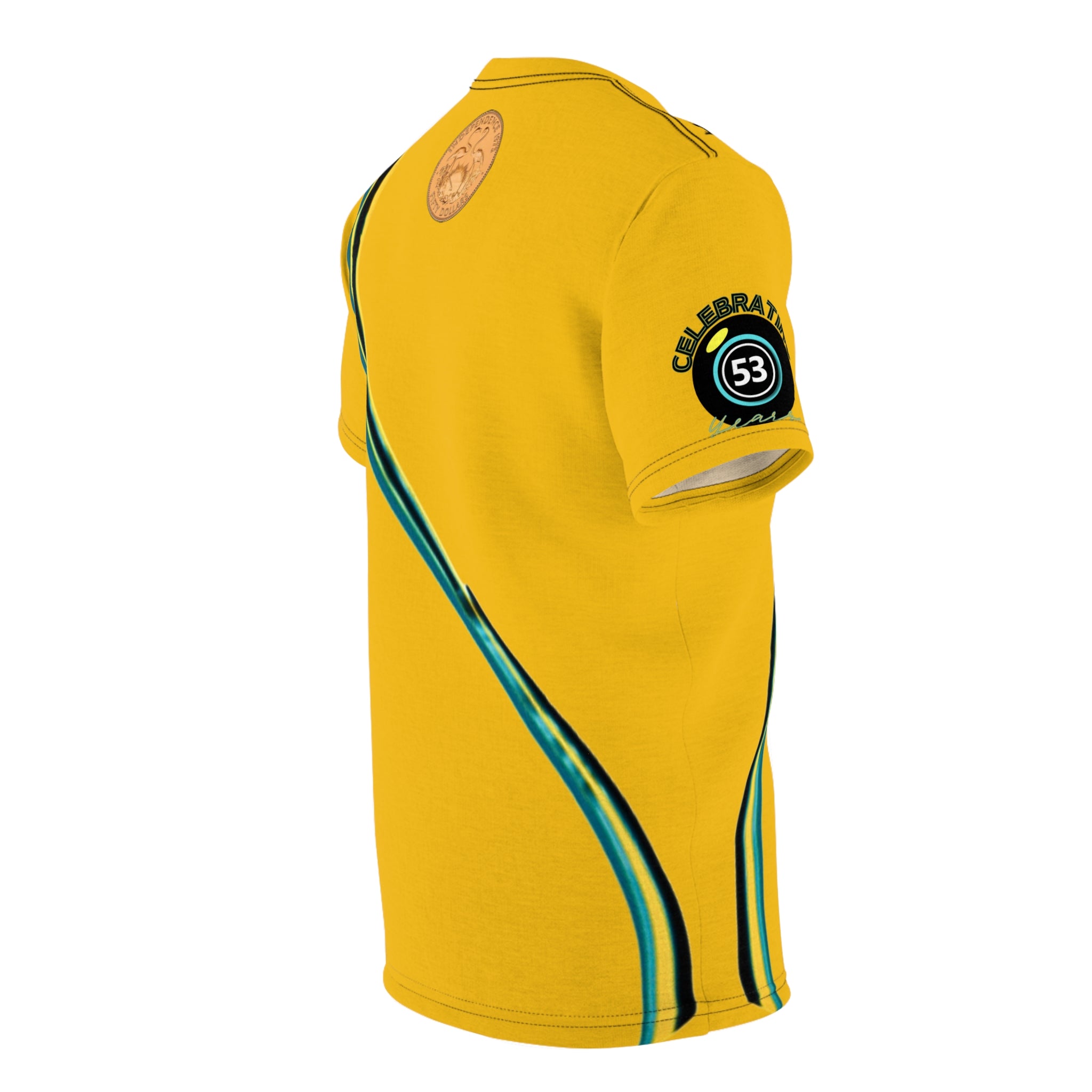 Yellow sports jersey with branding and design elements on a white background