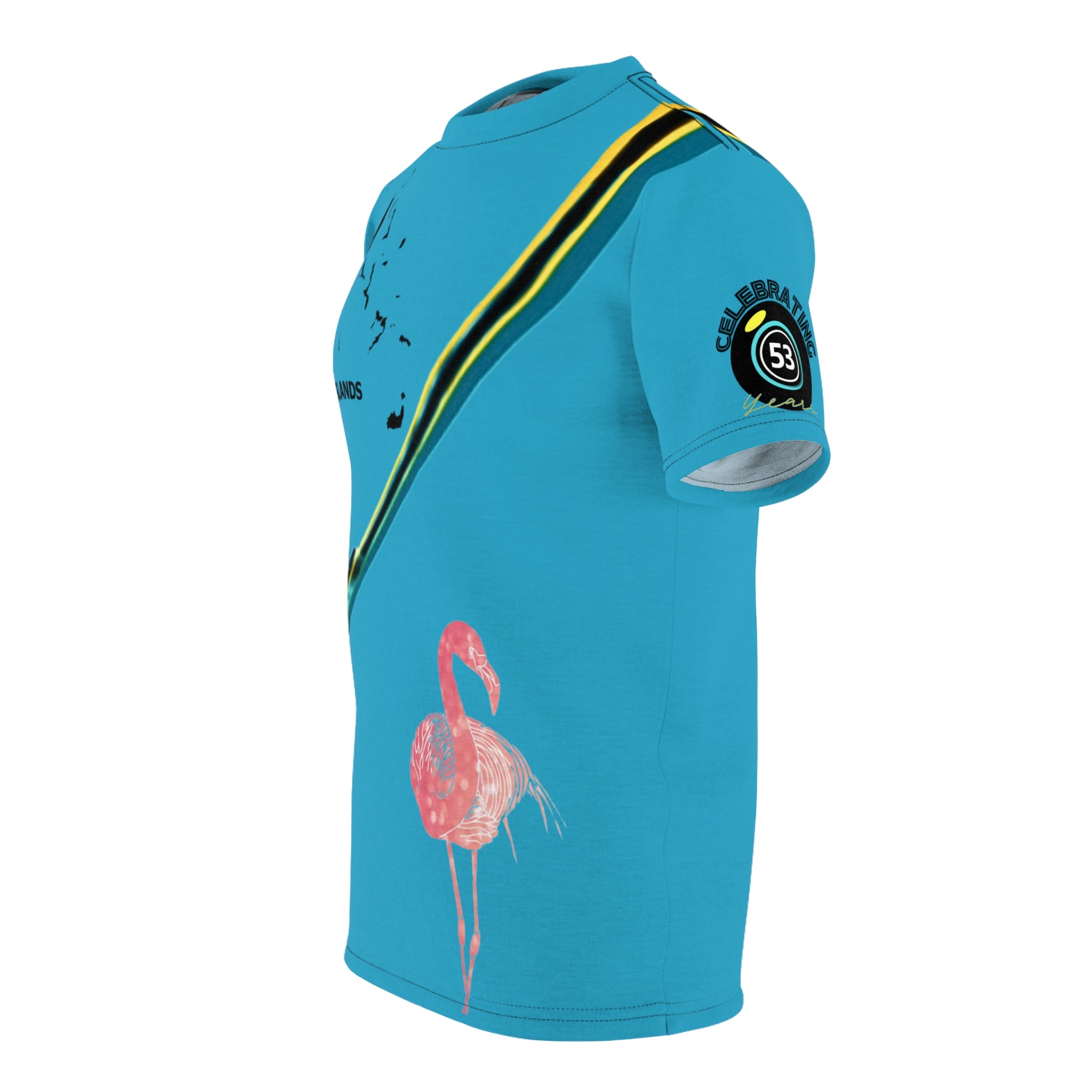 Blue sleeveless shirt with flamingo design and black and yellow accents on a white background