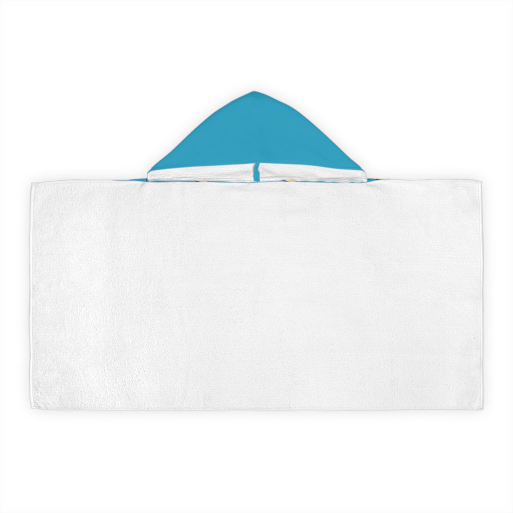 Youth Blue Marlin Hooded Towel back view — 66% polyester outer, one-sided sublimation print
