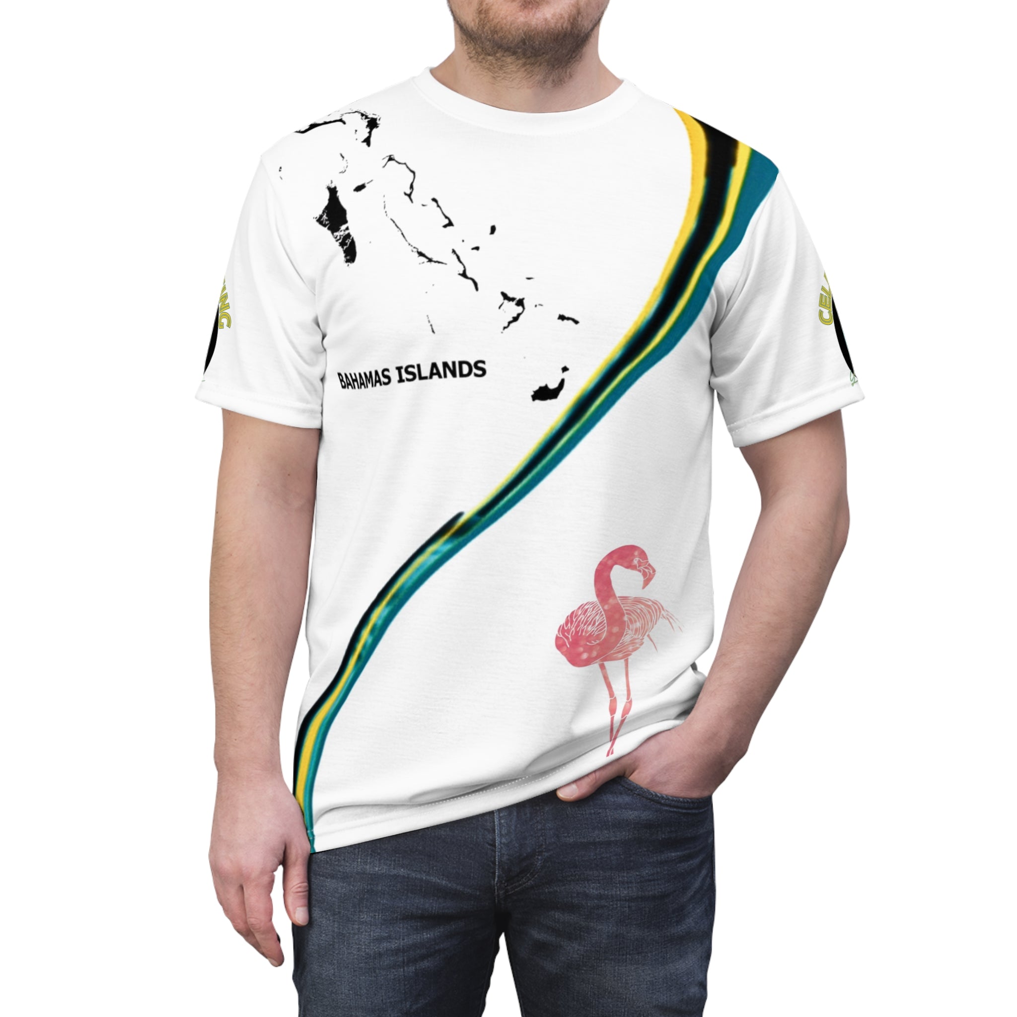 Person wearing a white t-shirt with a flamingo design and 'Bahamas Islands' text on a white background