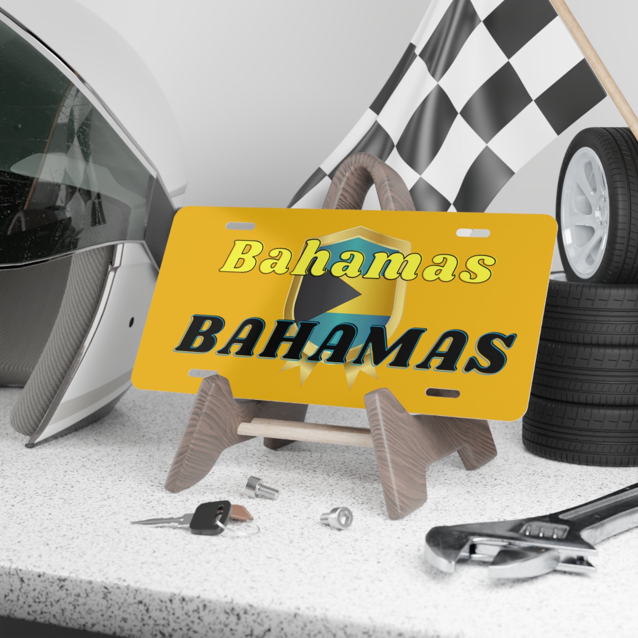 Island-inspired vanity plate detail — bold Bahamas design for car or wall display