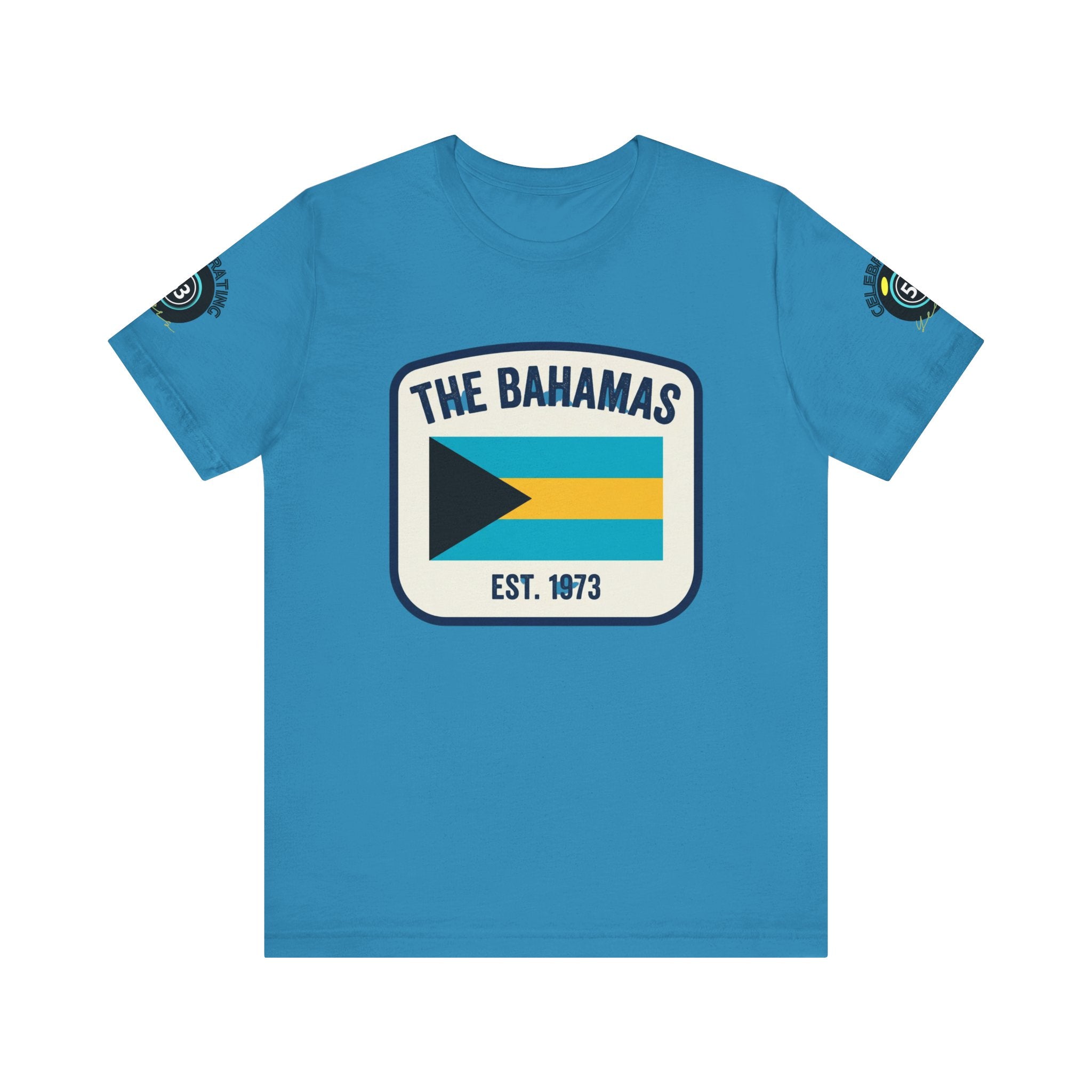 Blue t-shirt with 'The Bahamas' and flag design on a white background