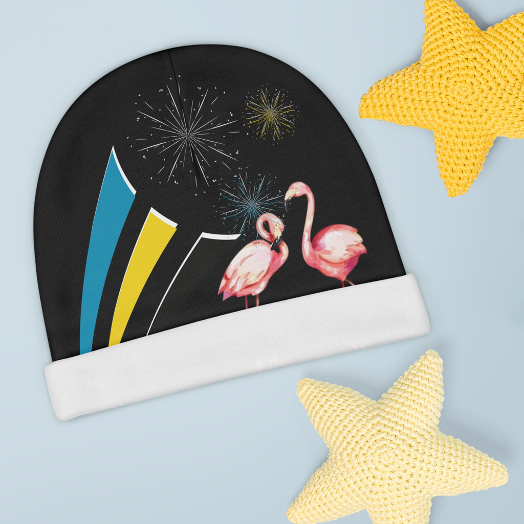 Black Baby Beanie AOP Flamingo front view — custom flamingo print infant beanie, one size