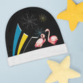 Black Baby Beanie AOP Flamingo front view — custom flamingo print infant beanie, one size