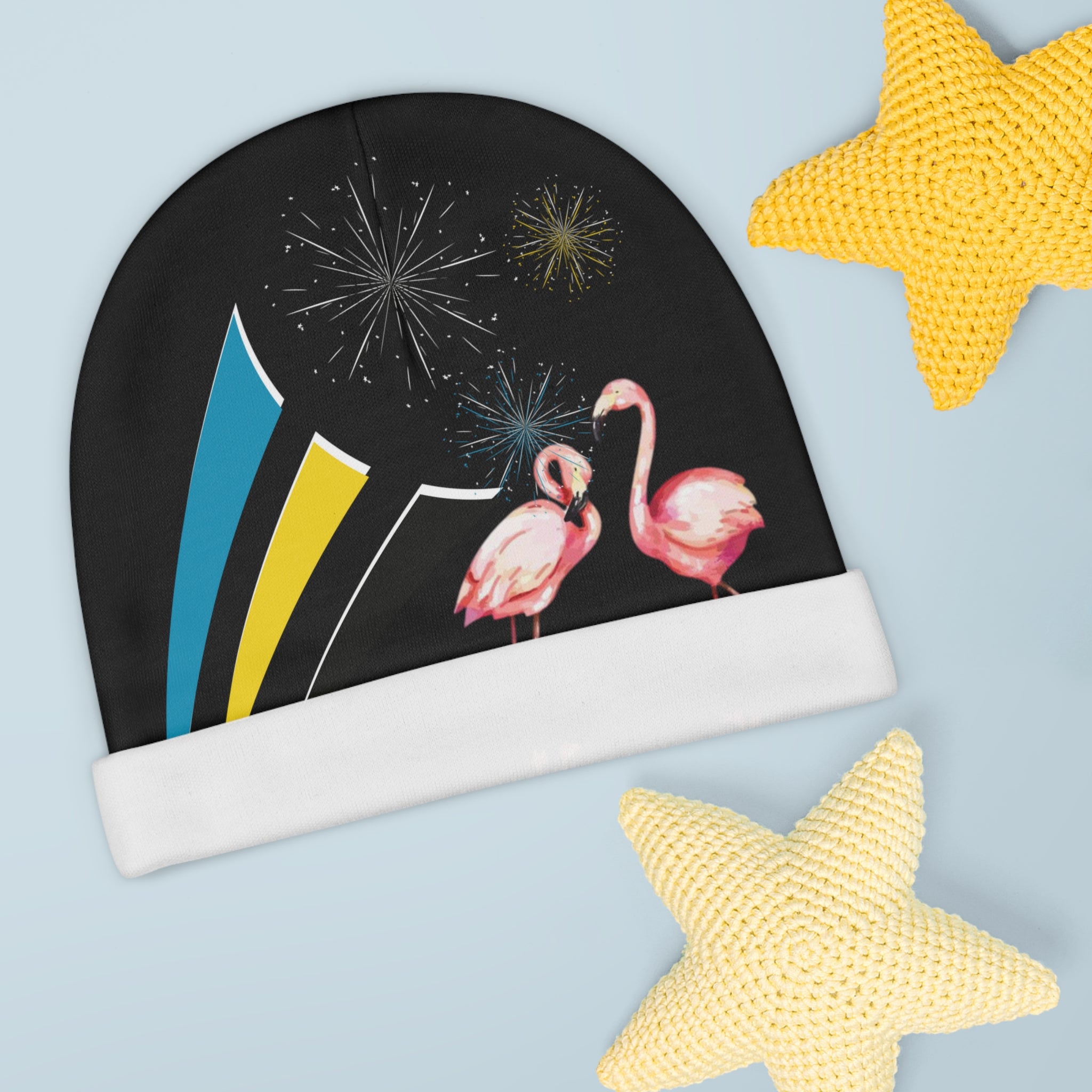Black Baby Beanie AOP Flamingo front view — custom flamingo print infant beanie, one size