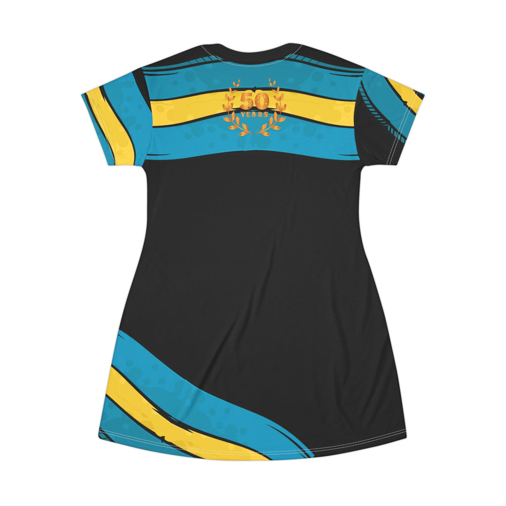 Bahamas T-Shirt Dress Black side view — 6oz polyester, assembled in the USA