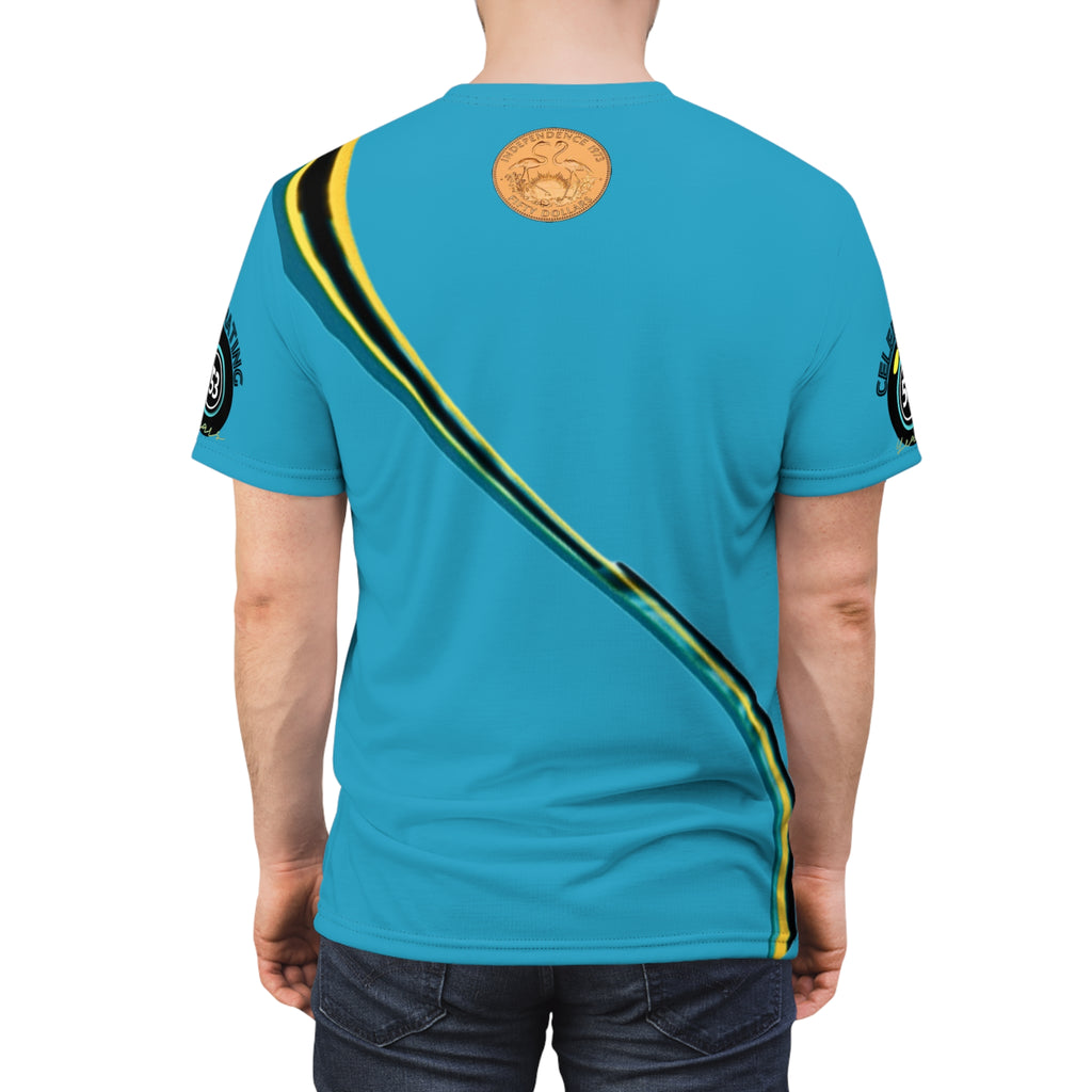 Blue t-shirt with decorative elements on a white background