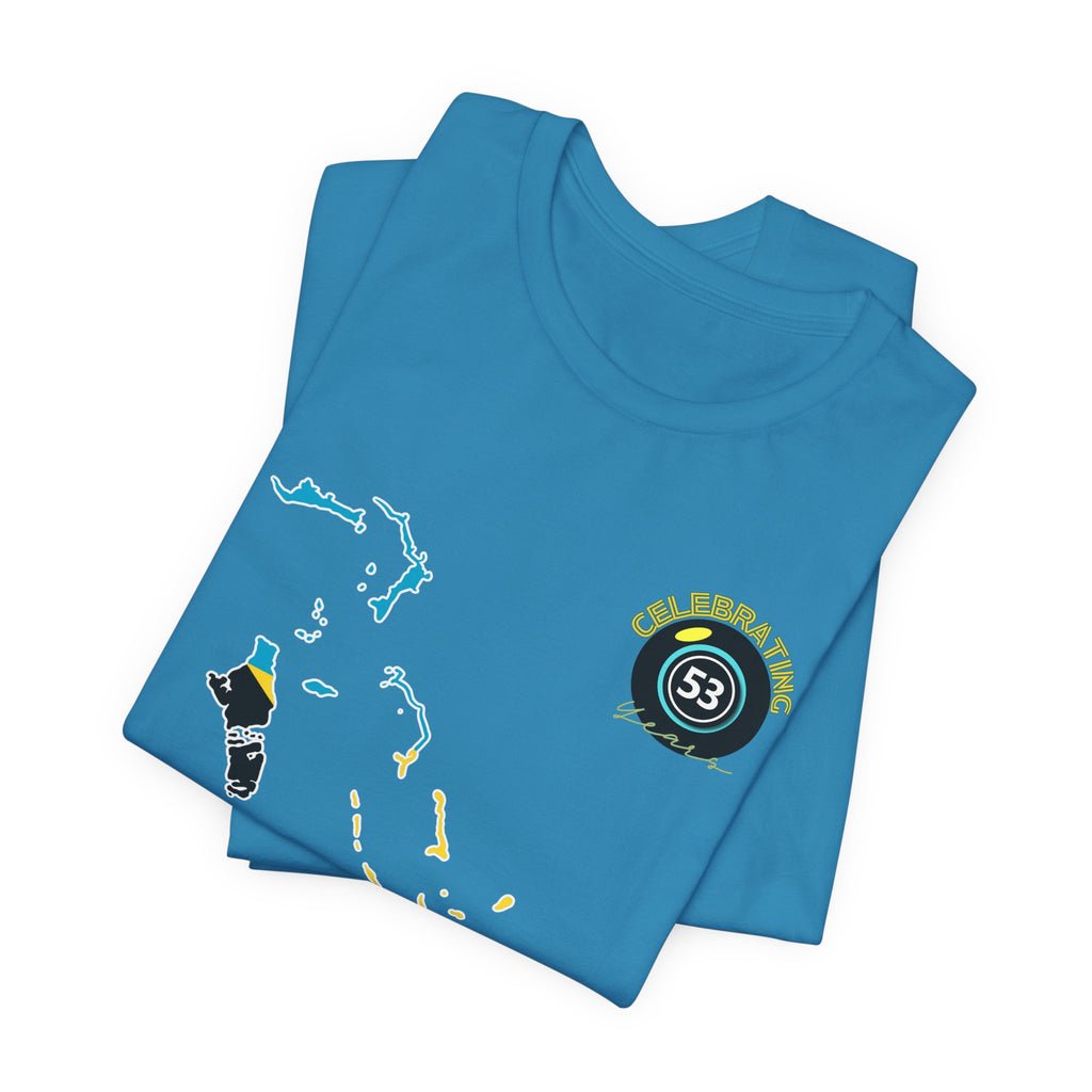 Folded blue t-shirt with graphics on a white background