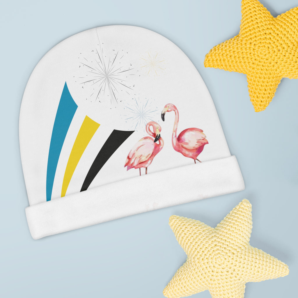 Baby Beanie AOP Flamingo front view — custom flamingo print infant beanie, one size