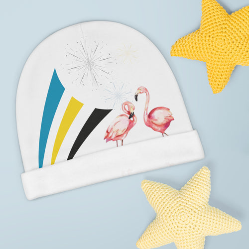 Baby Beanie AOP Flamingo front view — custom flamingo print infant beanie, one size