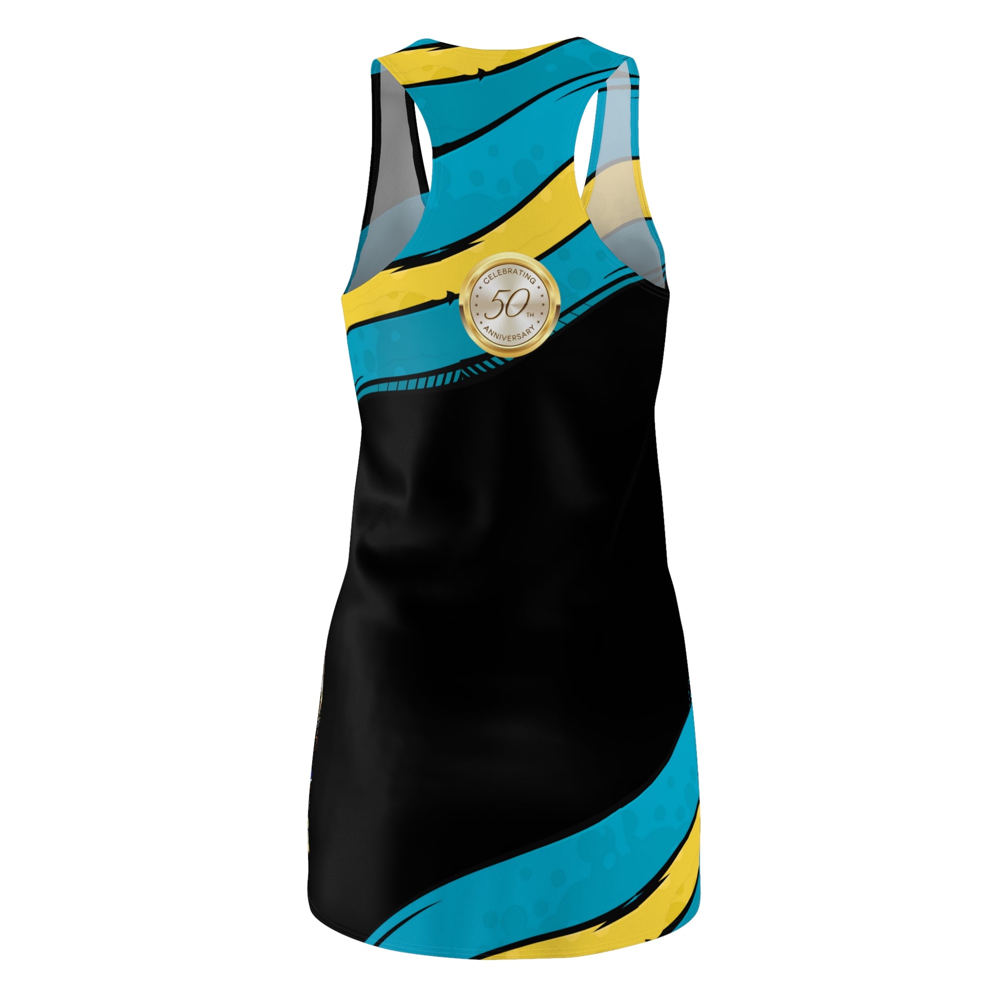 Coat of Arms Blend Dress back view — 100% polyester, white seam thread, sporty fit
