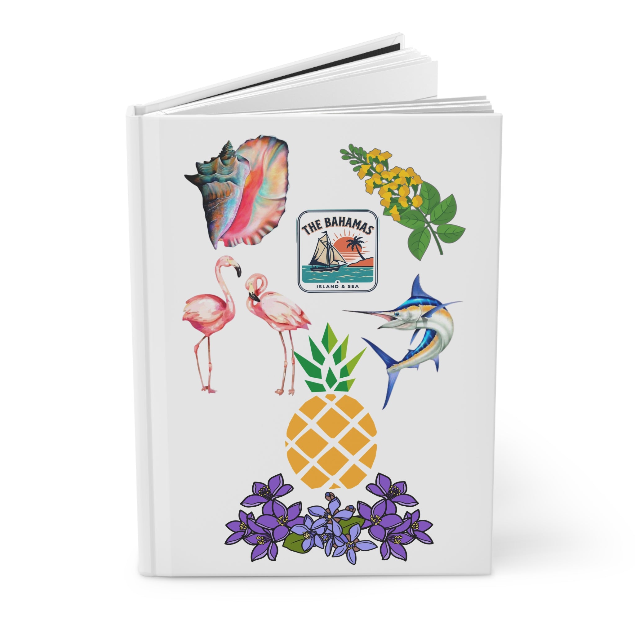 Tropical Bahamas Hardcover Journal — Pineapple, Flamingos & Sea Shell Travel Notebook