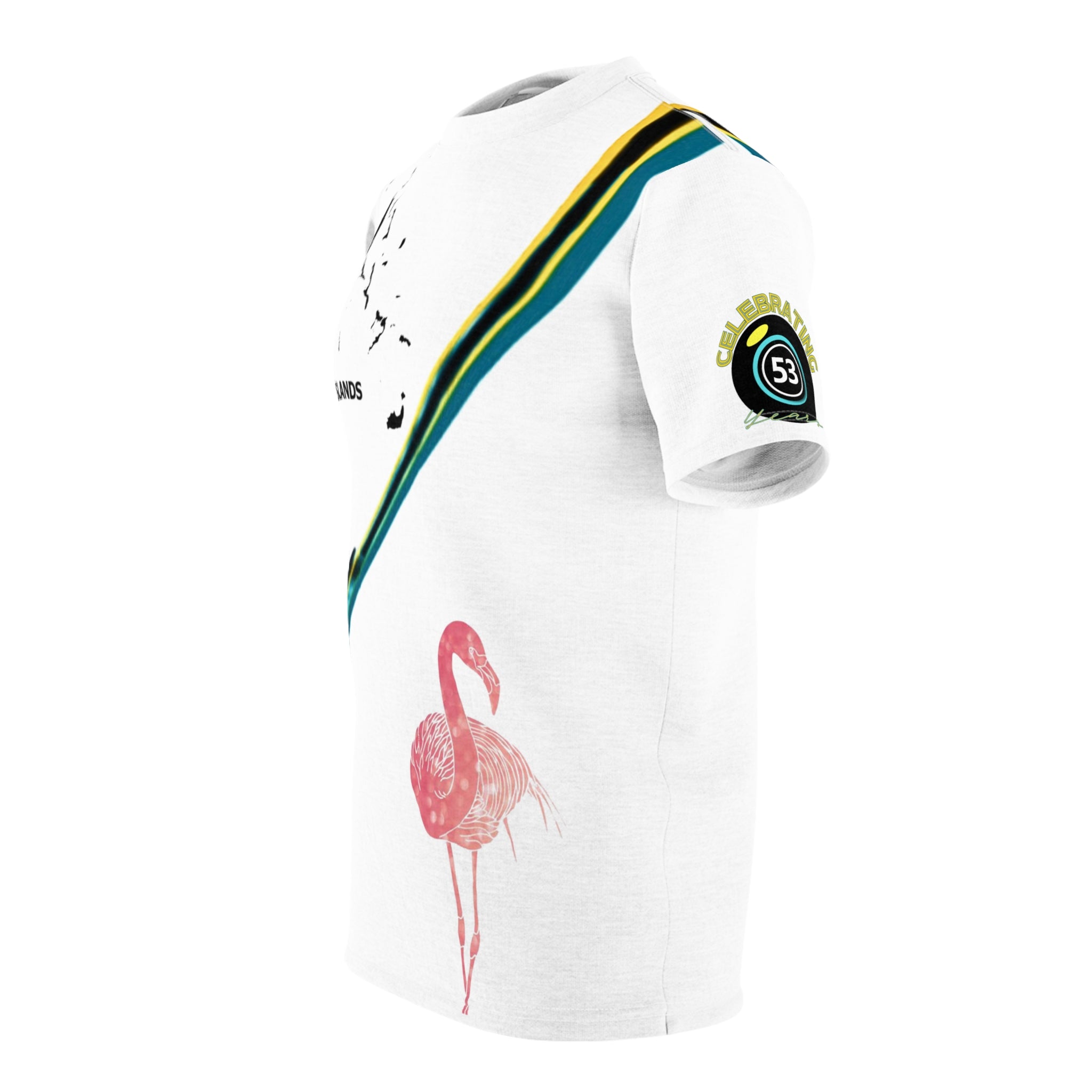White t-shirt with a pink flamingo design on a white background