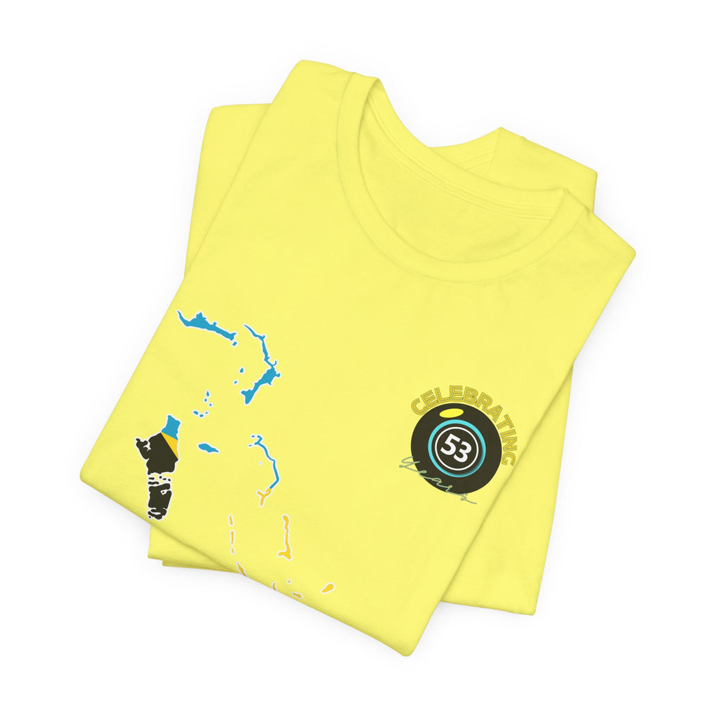 Yellow sleeveless shirt with graphics on a white background