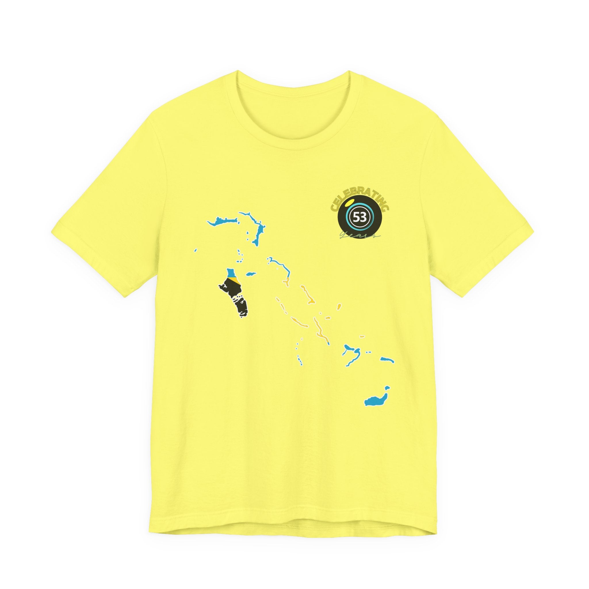 Yellow t-shirt with graphic design on a white background