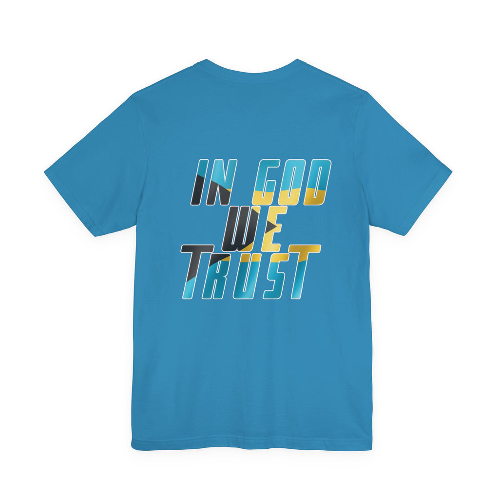 Blue t-shirt with 'IN GOD WE TRUST' text on a white background