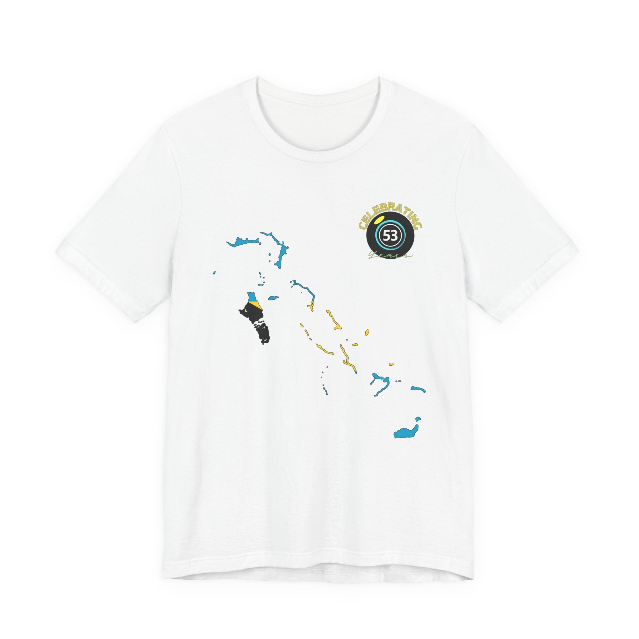 White t-shirt with colorful graphic design on a white background