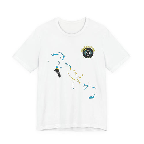 White t-shirt with colorful graphic design on a white background